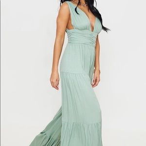 Sage Green Linen Look Plunge Tiered Wide Leg Jumpsuit